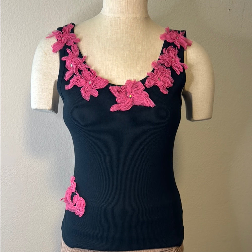 Black Top with Pink Floral Accents